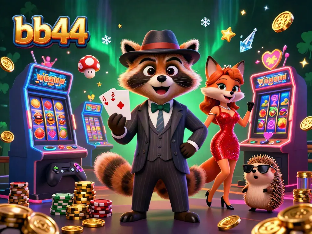 Experience the excitement of bb44 with a raccoon and friends celebrating at a vibrant casino.
