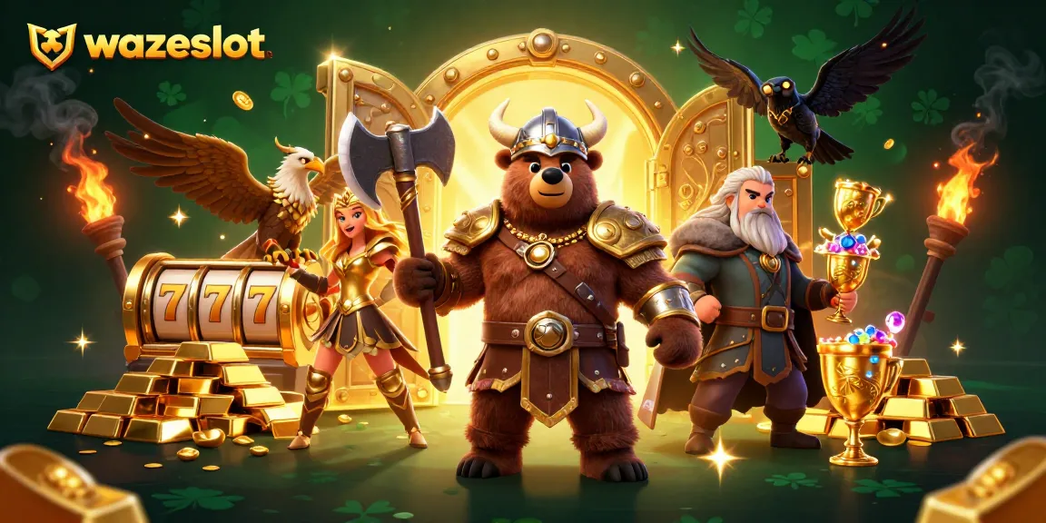 Win big with WAZESLOT, vibrant 3D gambling scene filled with gold, jewels, and dynamic slot elements.