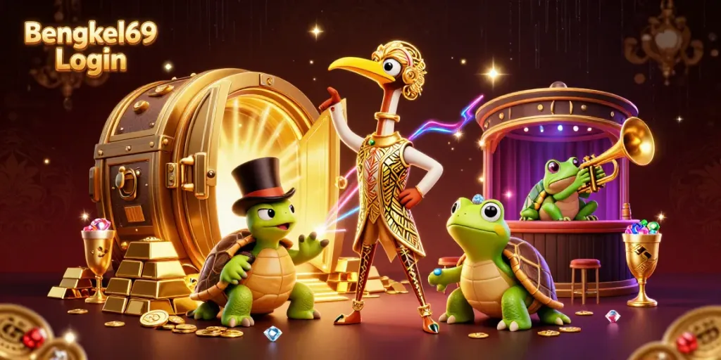 Engage with the energetic scene highlighting Bengkel69 Login featuring vibrant characters and casino elements.