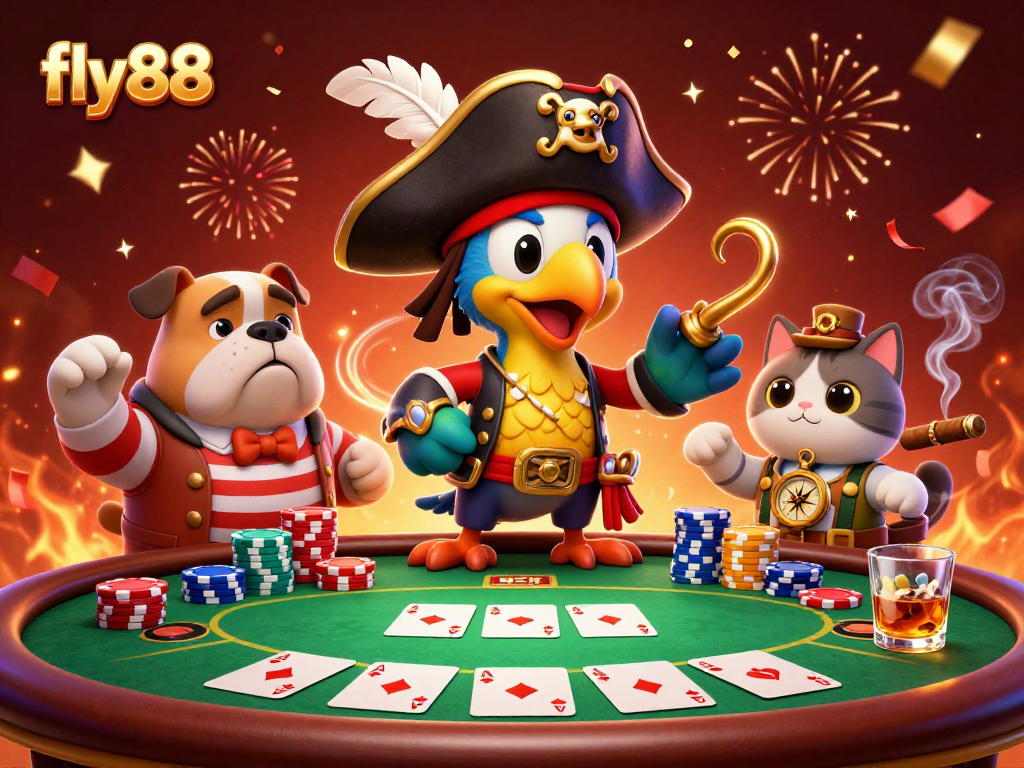 Experience exciting gaming at fly88 with vivid pirate characters and vibrant casino elements.