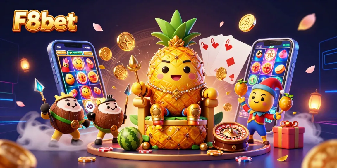 Engage with F8bet's vibrant casino scene featuring a golden pineapple king and dynamic gambling elements.
