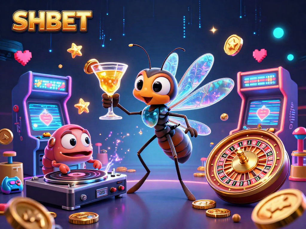 Engage with SHBET as a lively 3D rendered casino scene filled with vibrant game elements and characters.