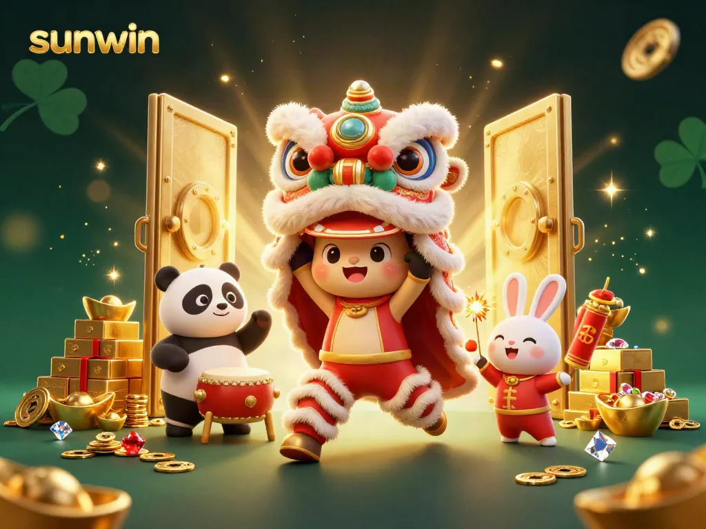 Experience the excitement of sunwin with a festive lion dance and treasures of gold, gems, and vibrant characters.