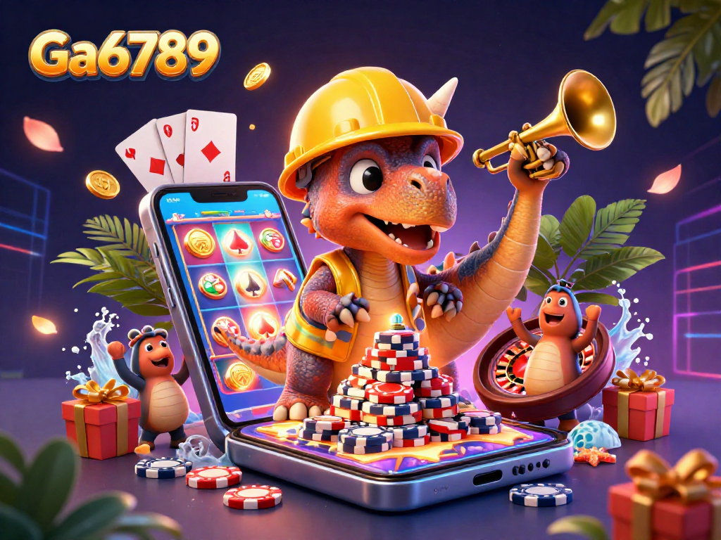 Ga6789 celebrates a vibrant casino scene with colorful slots and cheering characters.