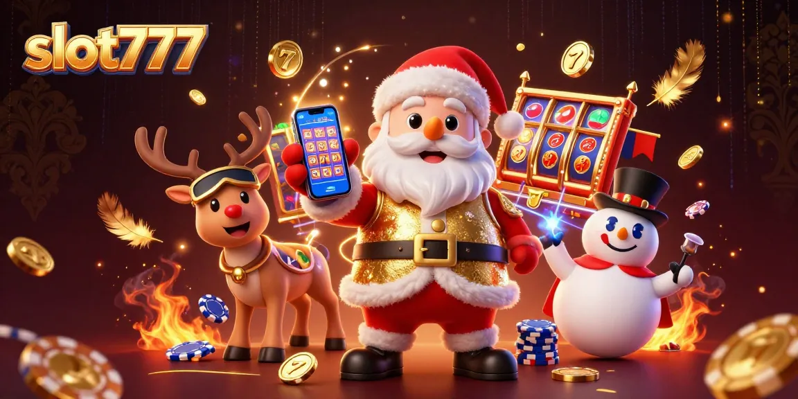 Play thrilling slot777 games with Santa and his reindeer in a vibrant casino scene.