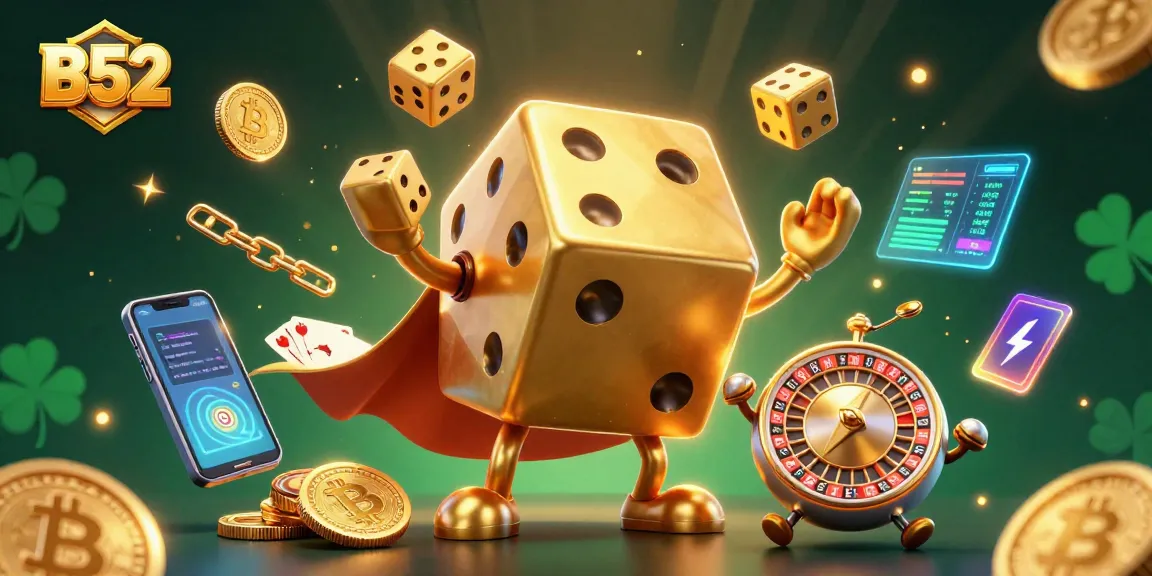 Experience the thrill of B52 gaming with dynamic golden dice and crypto elements in this captivating 3D scene.