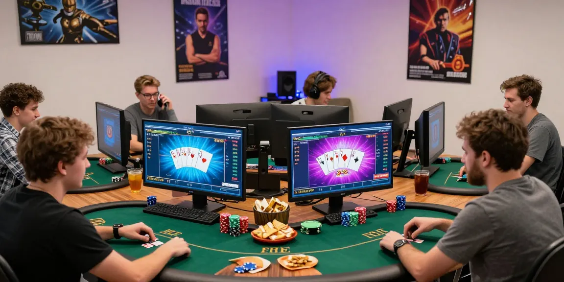 Agen Poker Online tournament scene with diverse players engaged in a lively poker game at home, showcasing chips, cards, and a competitive atmosphere.