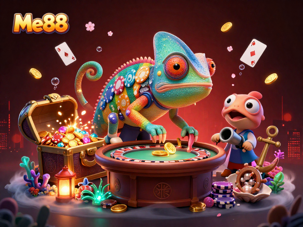 Engage in thrilling gameplay at Me88 with a vibrant, colorful casino scene featuring a dynamic chameleon.