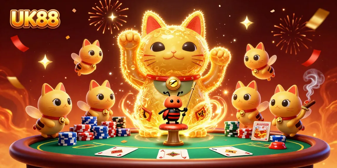 Experience the thrill of UK88 gambling with a vibrant illustration of a lucky cat crafting casino symbols.