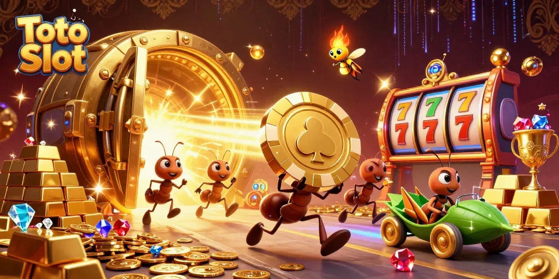 Toto Slot scene where ants run a heist with a massive poker chip, surrounded by treasures and vibrant slot game elements.