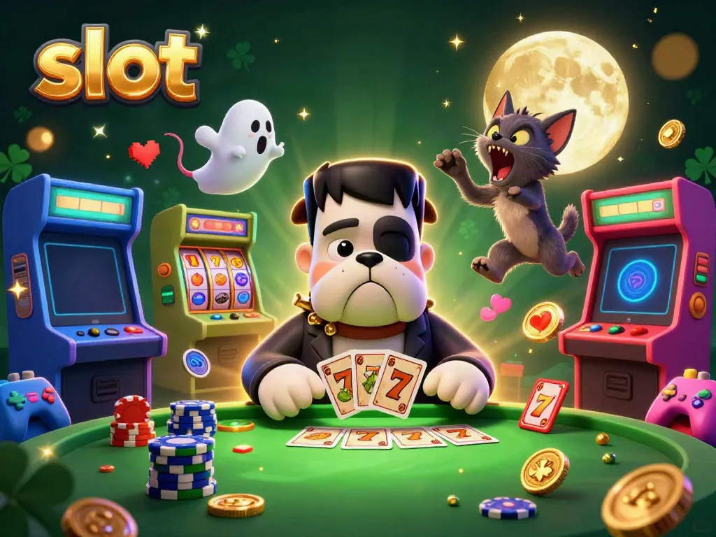 Experience thrilling slot action with a golden bulldog dealing cards at an enchanted midnight casino table.