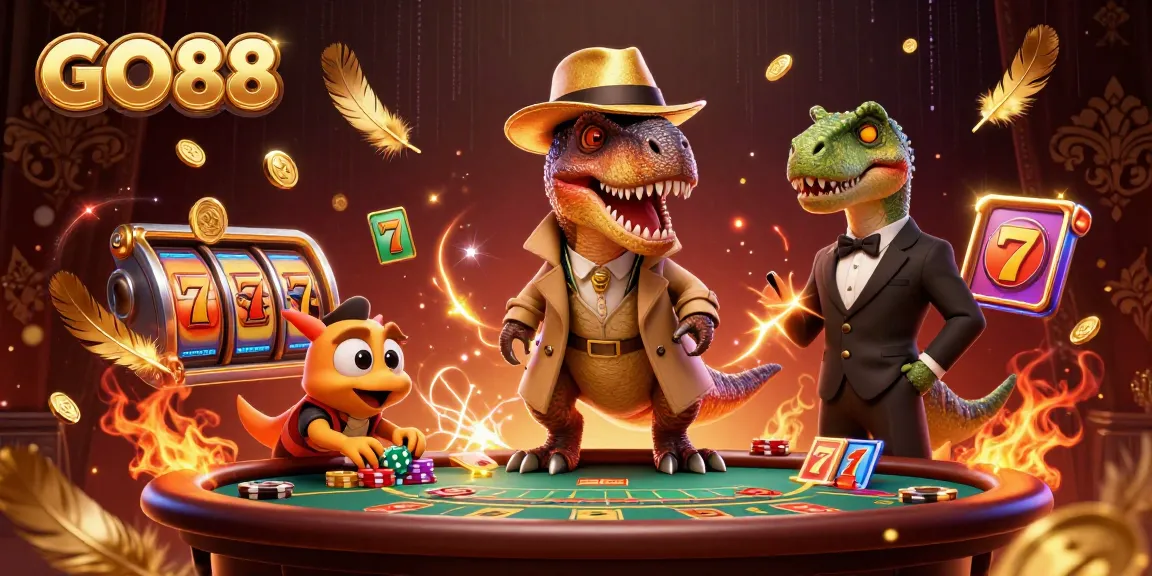 GO88 showcases a velociraptor counting cards amidst a vibrant blackjack scene filled with golden elements