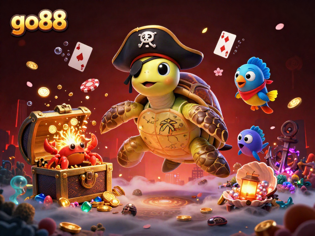 Experience exciting gameplay at go88 with a dynamic underwater scene featuring a pirate turtle and treasure.