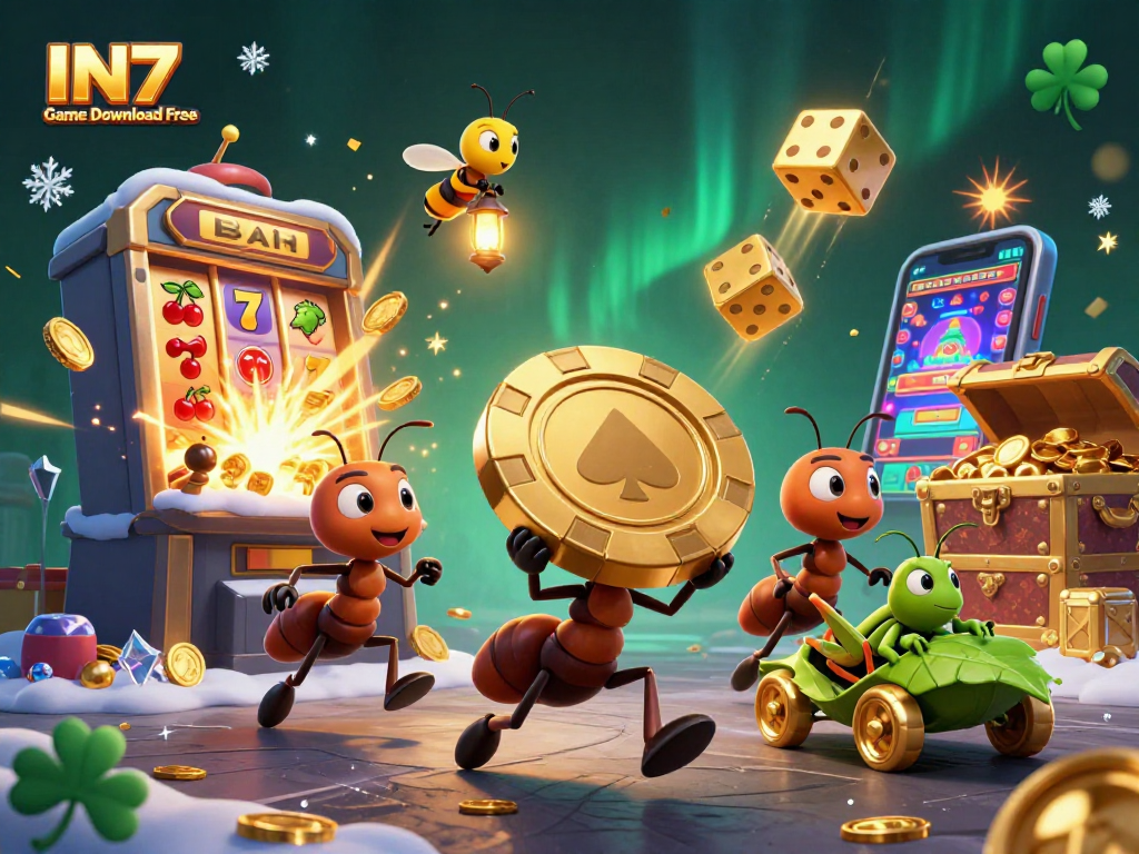 Play IN7 Game Download Free with 3D ants heisting a giant poker chip amidst casino thrills.