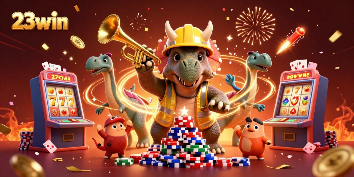 Win big with 23win at the casino, featuring vibrant characters celebrating and dynamic gaming elements.
