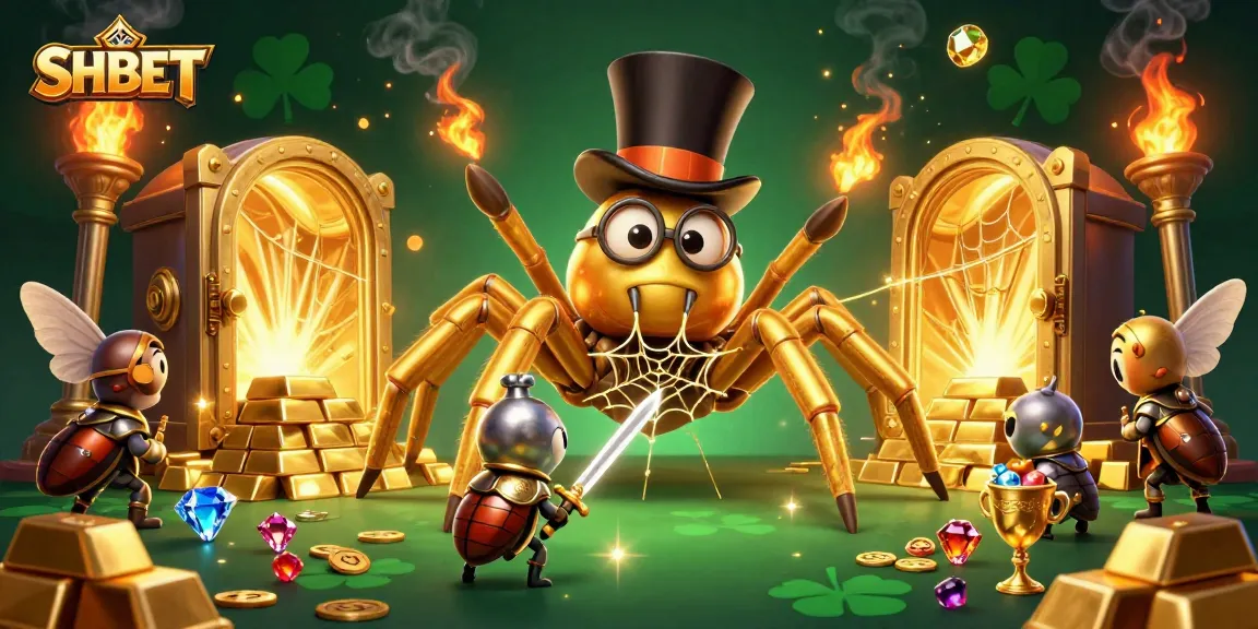 Engage in thrilling gaming with SHBET's captivating 3D casino scene featuring a giant tarantula and rich treasures.