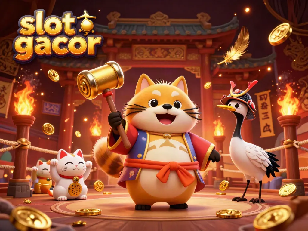 Experience the excitement of slot gacor with a vibrant 3D illustration featuring a cheerful tanuki and fortune cats.