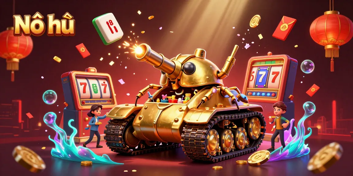 Nổ hũ gaming scene with a golden beetle tank, confetti, and lively slot machines.