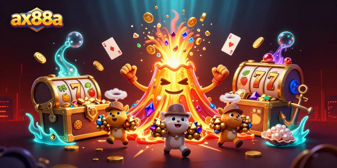Experience the thrilling gameplay at ax88a with vibrant 3D illustrations of slot games and treasures.