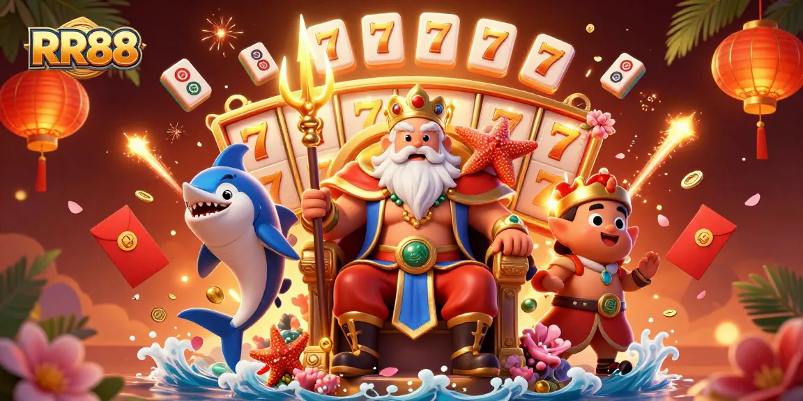 Experience thrilling wins with RR88 in a vibrant casino scene featuring Neptune, slot reels, and festive gold elements