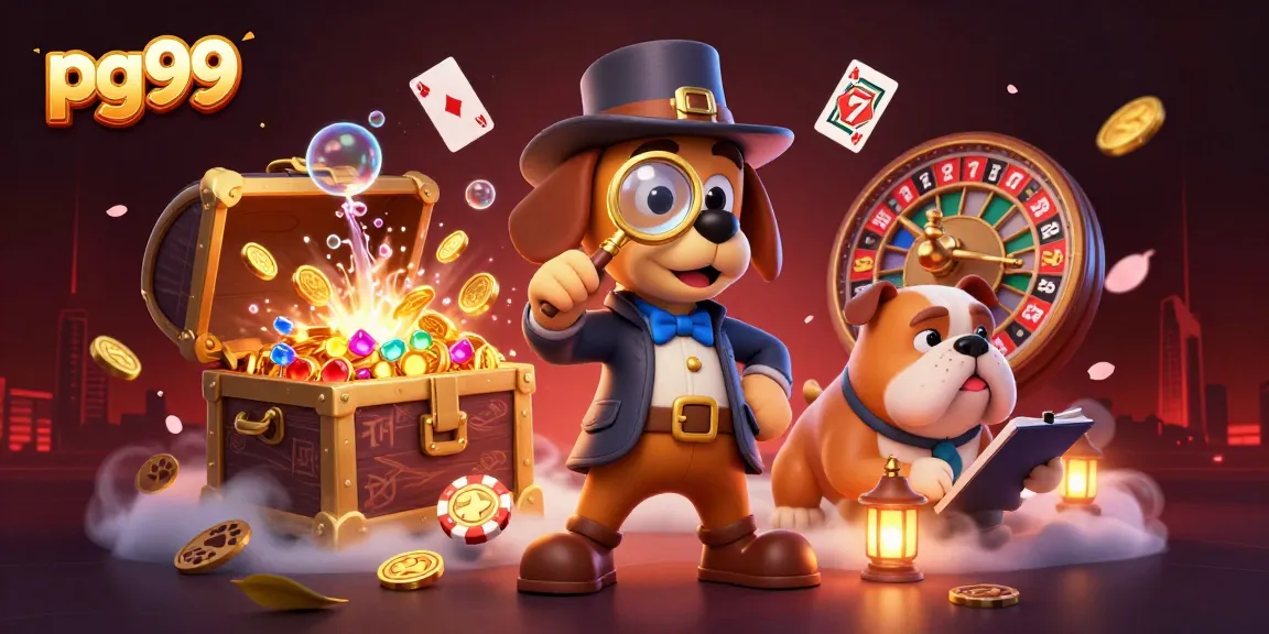 Engage in thrilling gameplay at pg99 with a detective and bulldog uncovering a treasure of colorful chips and slots.