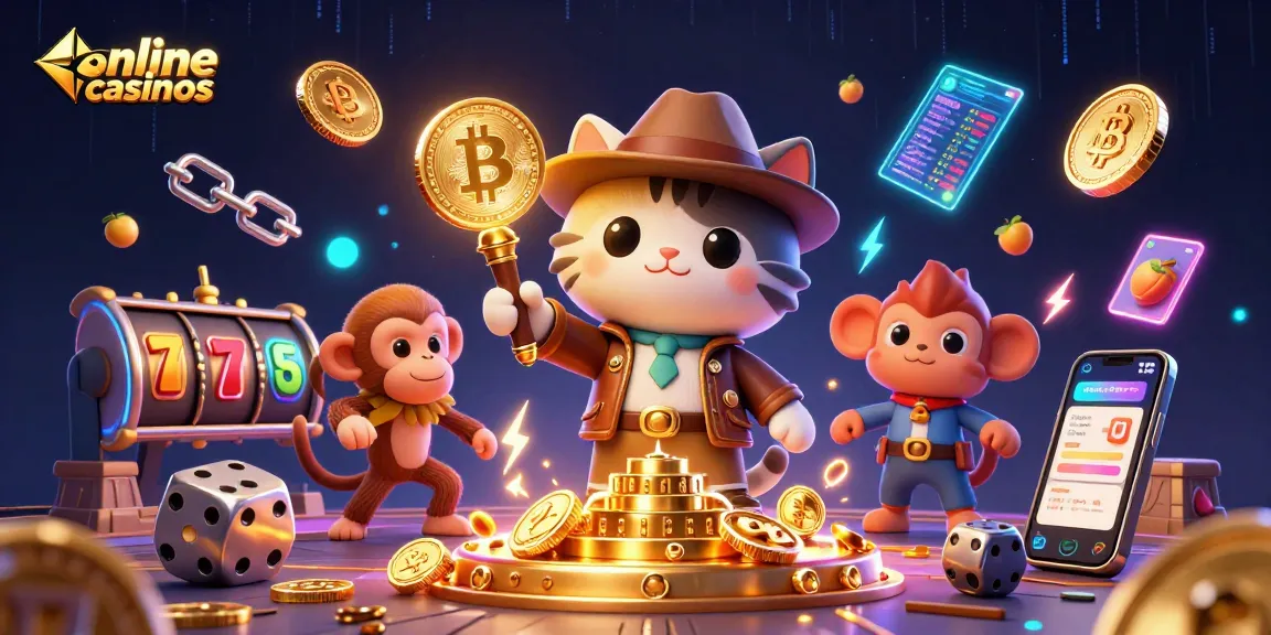 Explore online casinos with a 3D cartoon archaeologist cat and dynamic casino elements.