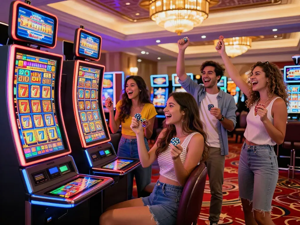 Friends celebrating a jackpot win at Lucky 777 slot machine in a lively casino.