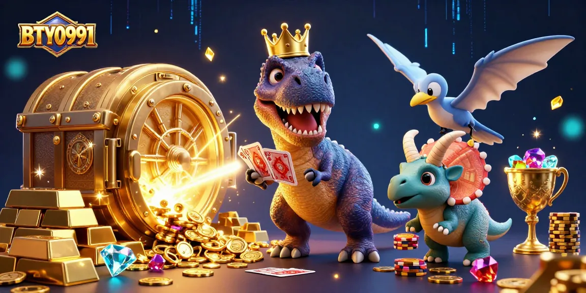 Engage with BTY0991 in a vibrant casino scene featuring a T-Rex and friends amidst treasures.
