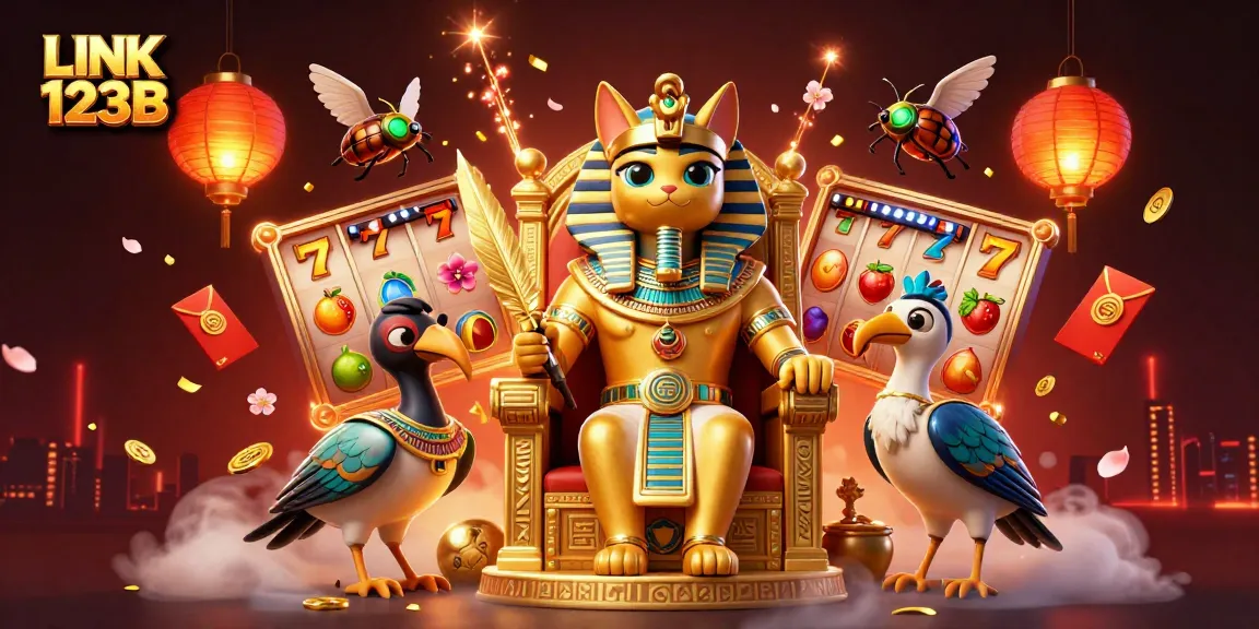 Engage with exciting slots and jackpots in LINK 123B's vibrant illustration showcasing casino elements.