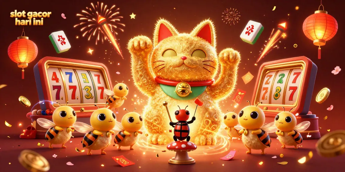 Engage with the vibrant slot gacor hari ini scene featuring a golden lucky cat, surrounded by dynamic casino symbols.