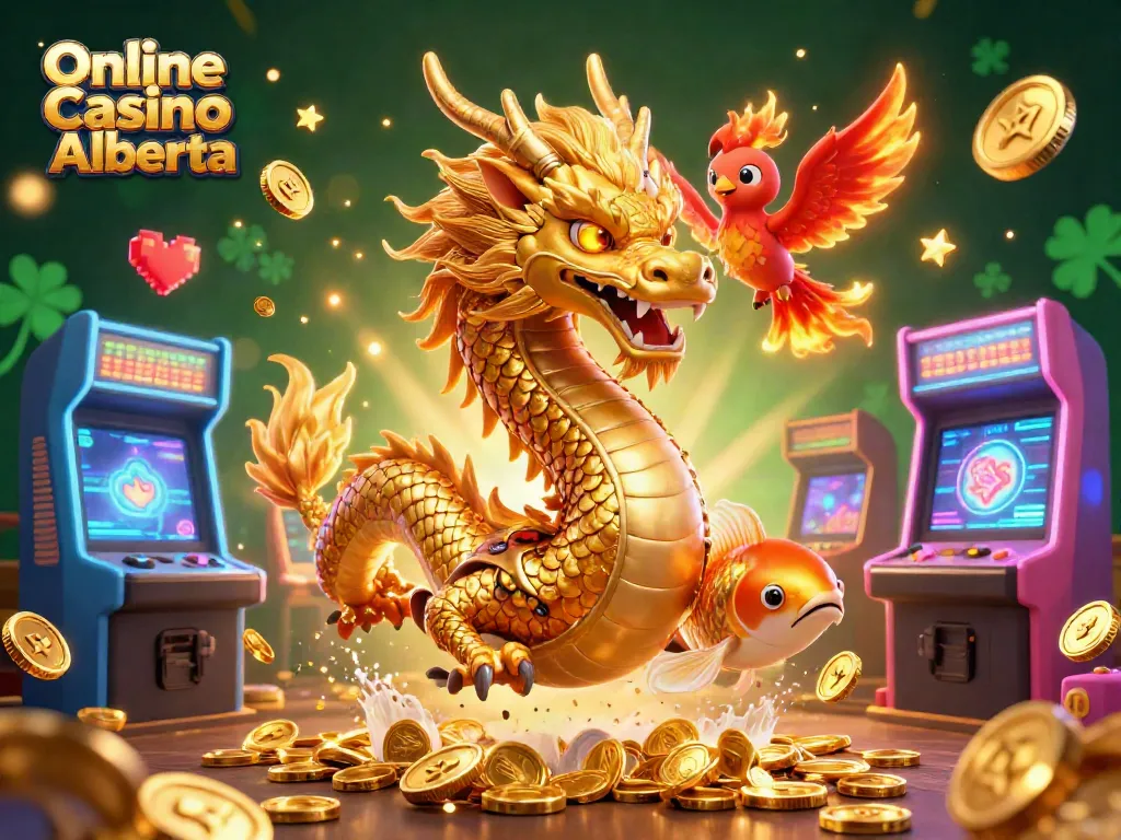 Engage in thrilling gameplay with the Online Casino Alberta featuring mythical characters and glowing game machines.