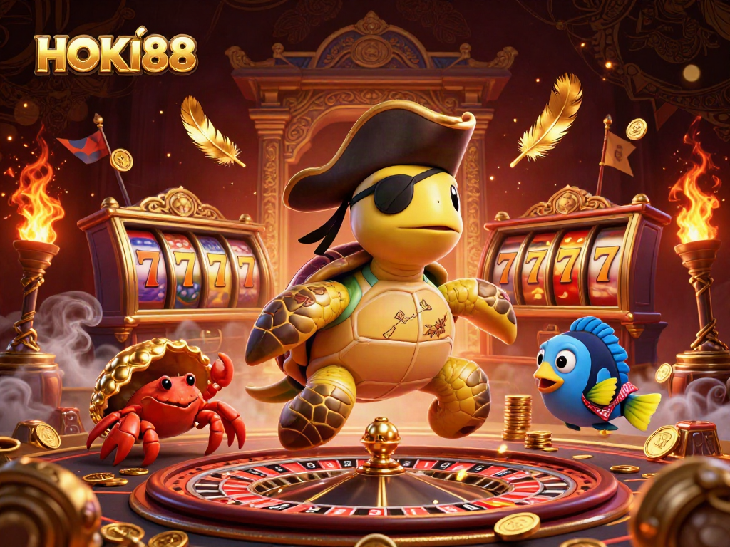 HOKI88 showcases a pirate turtle, golden treasures, and dynamic roulette in a vibrant casino scene.