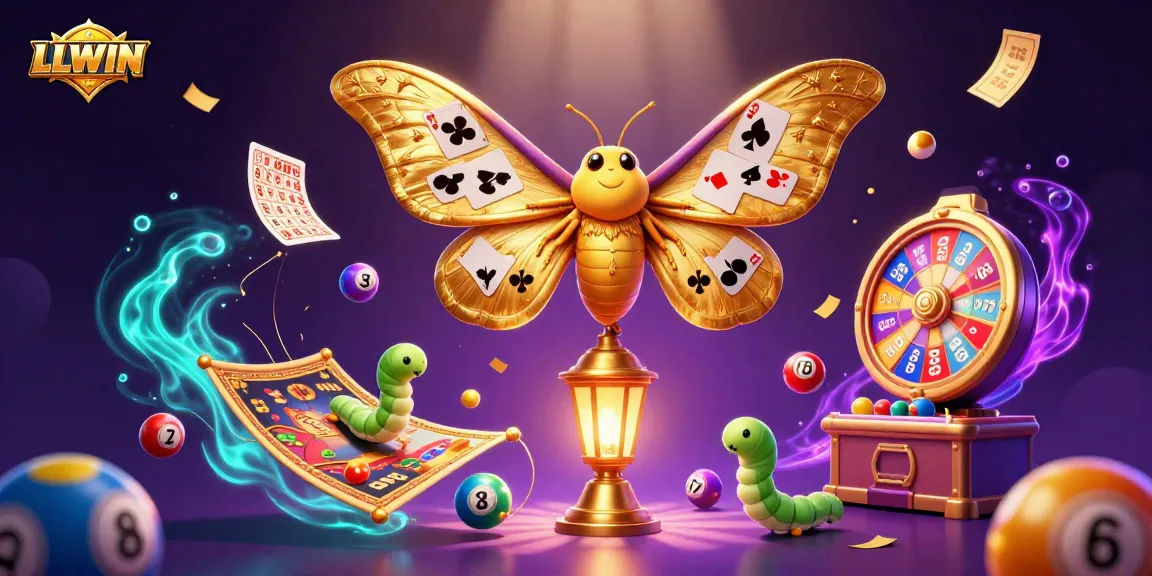 LLWIN presents an engaging scene with a 3D cartoon atlas moth and vibrant lottery elements, enhancing online gambling fun.