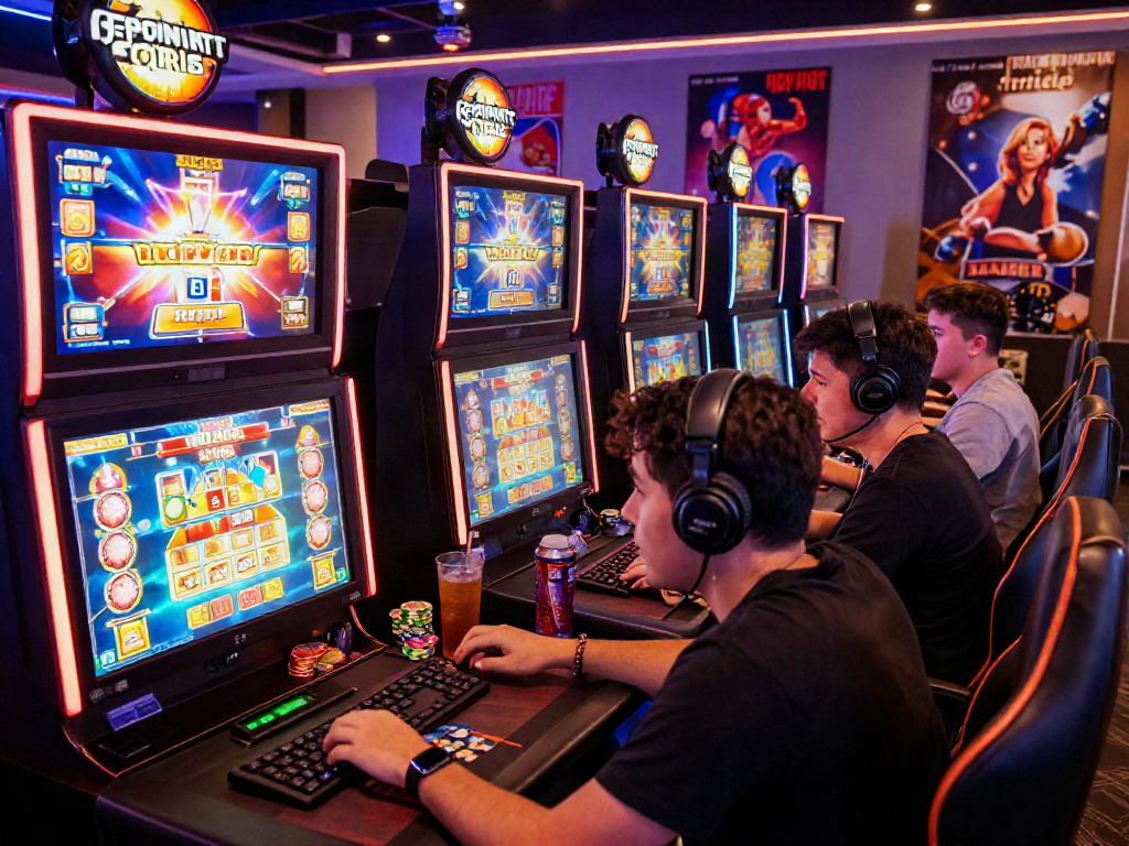 Active players enjoying a slot deposit qris gaming session in a vibrant online gaming room filled with technology