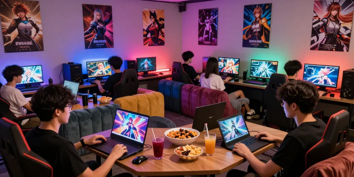 Group of gamers enjoying a vibrant gaming lounge with laptops and tablets playing hentai games.