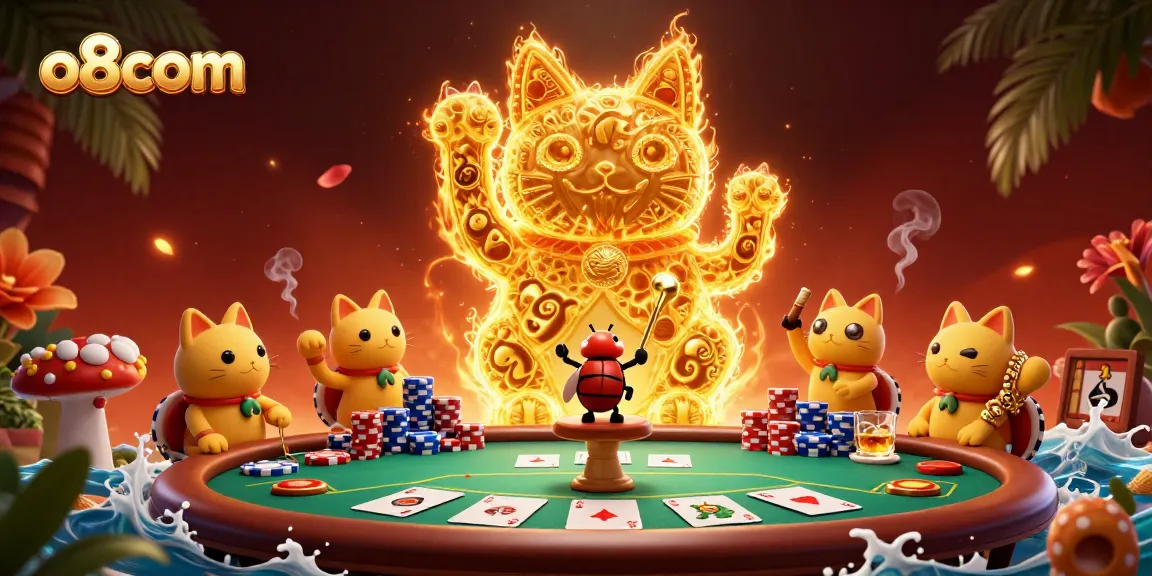 Catch the excitement at o8com with a vibrant scene featuring a lucky cat made of golden fireflies and rich casino elements.