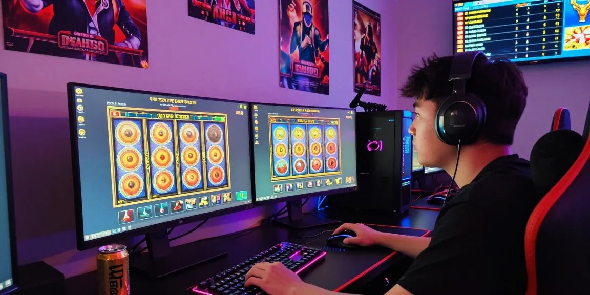Gamer at desktop spinning slot reels at https://garuda55.com/ with vibrant LED lights and gaming gear.
