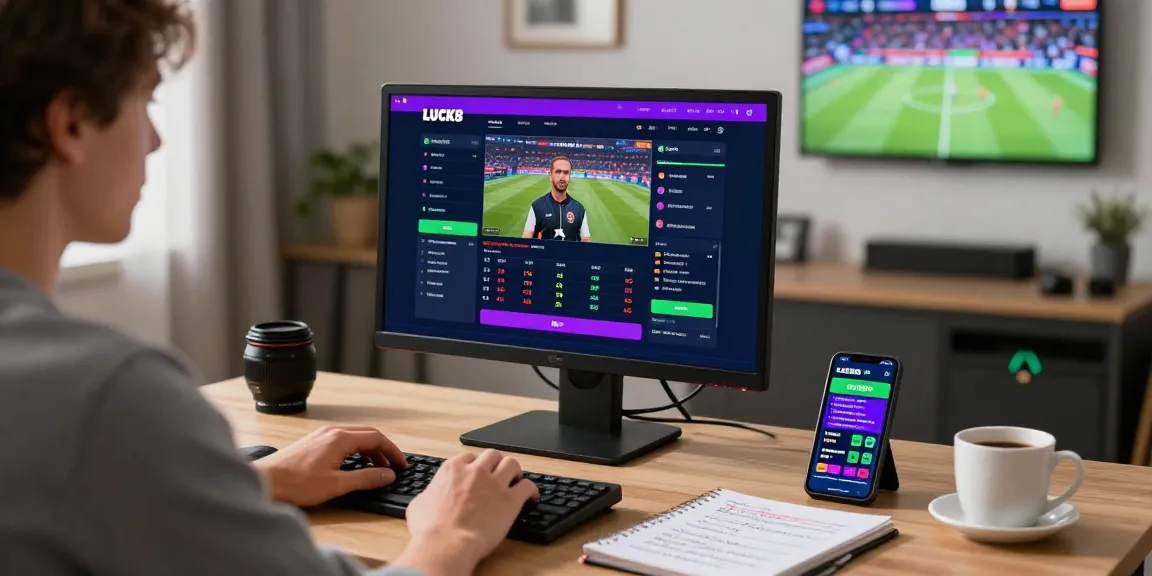 Engaging user at home using LUCK8 online gambling platform with live betting interface and sports notifications.
