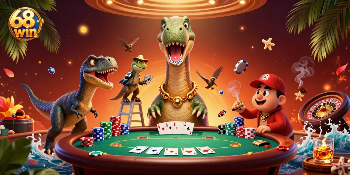 Experience thrilling gameplay with 68win at a vibrant poker scene featuring a playful dinosaur dealer.