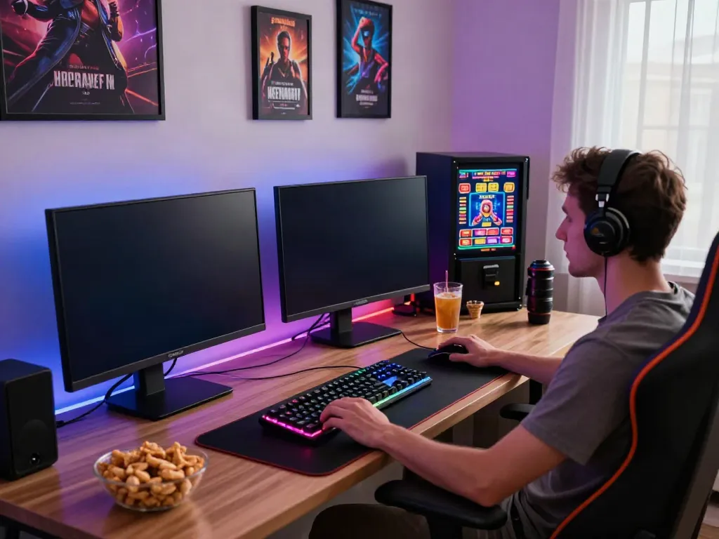 A vibrant akunjp online gaming scene featuring a player engaged with colorful casino games.