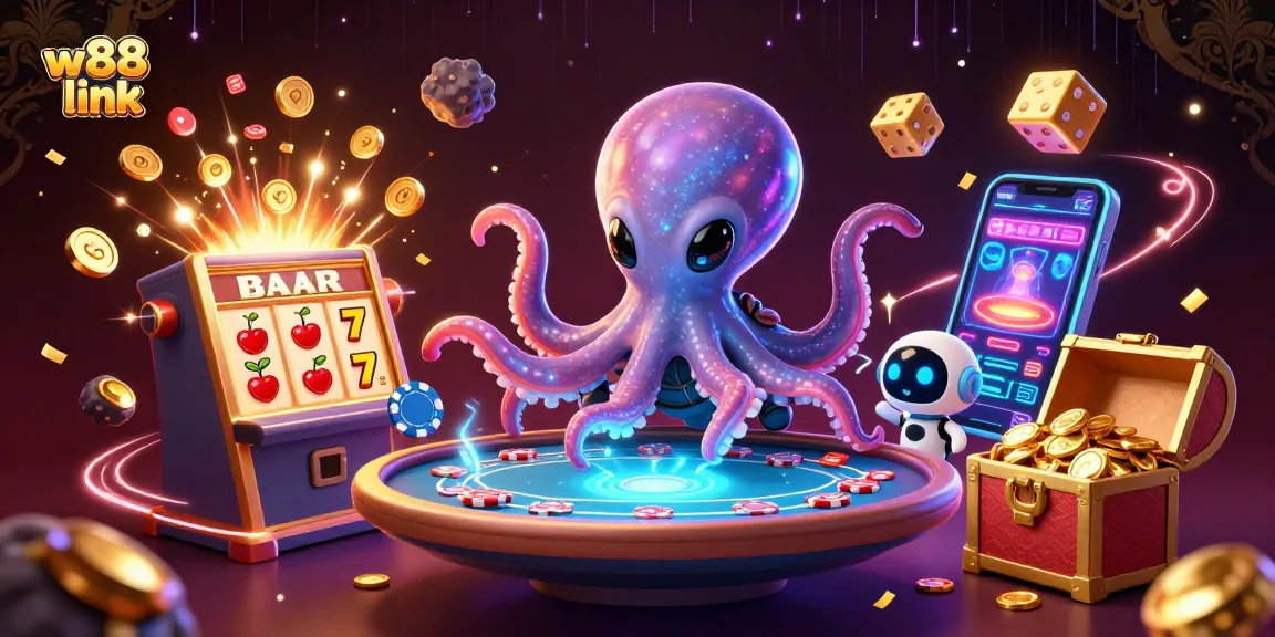 Play with w88 link in an exciting casino scene featuring an alien octopus at a poker table.