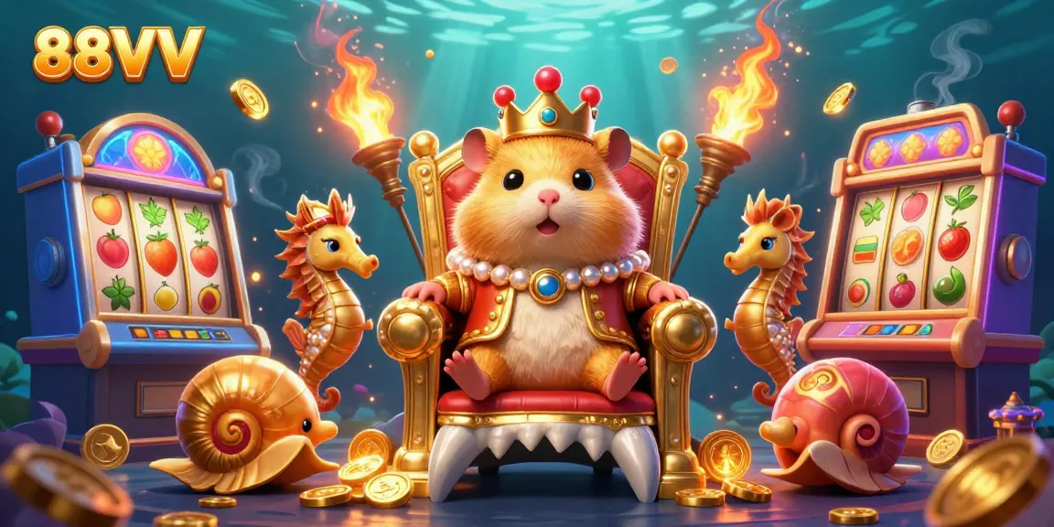 Experience thrilling jackpot wins at 88VV with the golden hamster king surrounded by colorful slot machines.