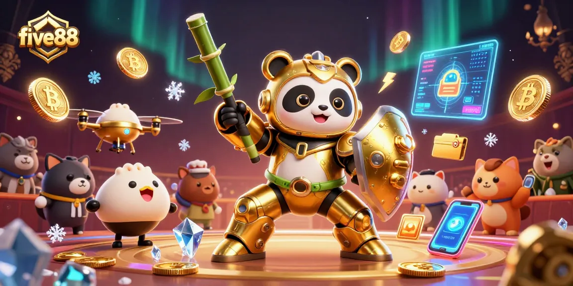 five88 showcases a lively casino scene with a mech-suit panda and crypto coins in action.