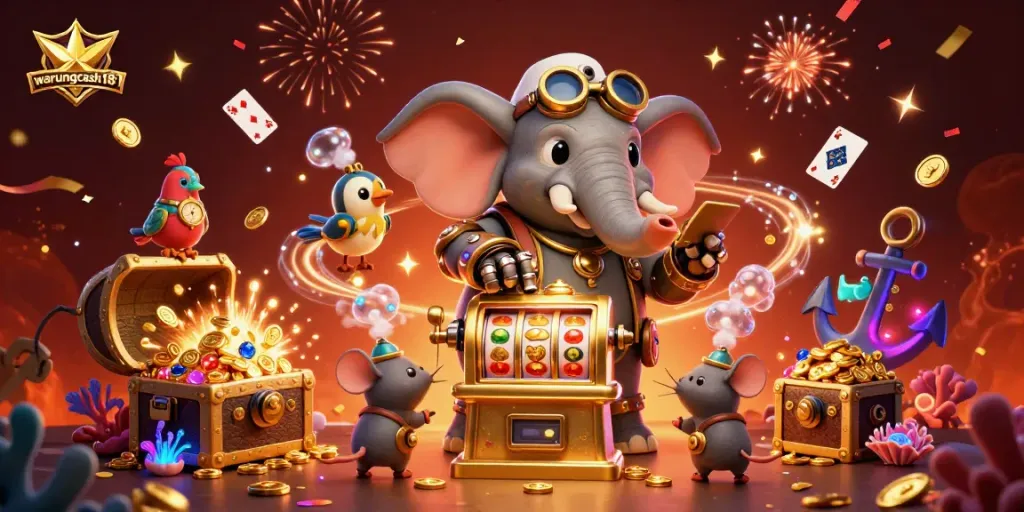 Experience exciting gaming with warungcash189, featuring a vibrant steampunk slot scene.