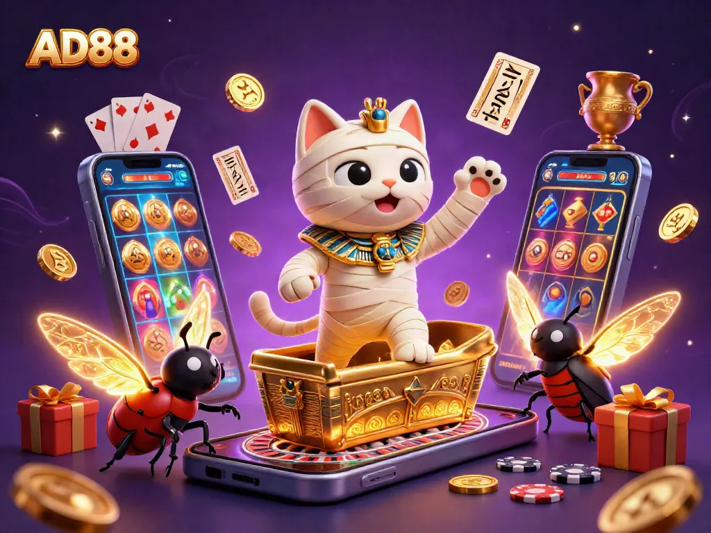 Spin the reels at AD88's vibrant casino, with a 3D mummy cat and golden games.