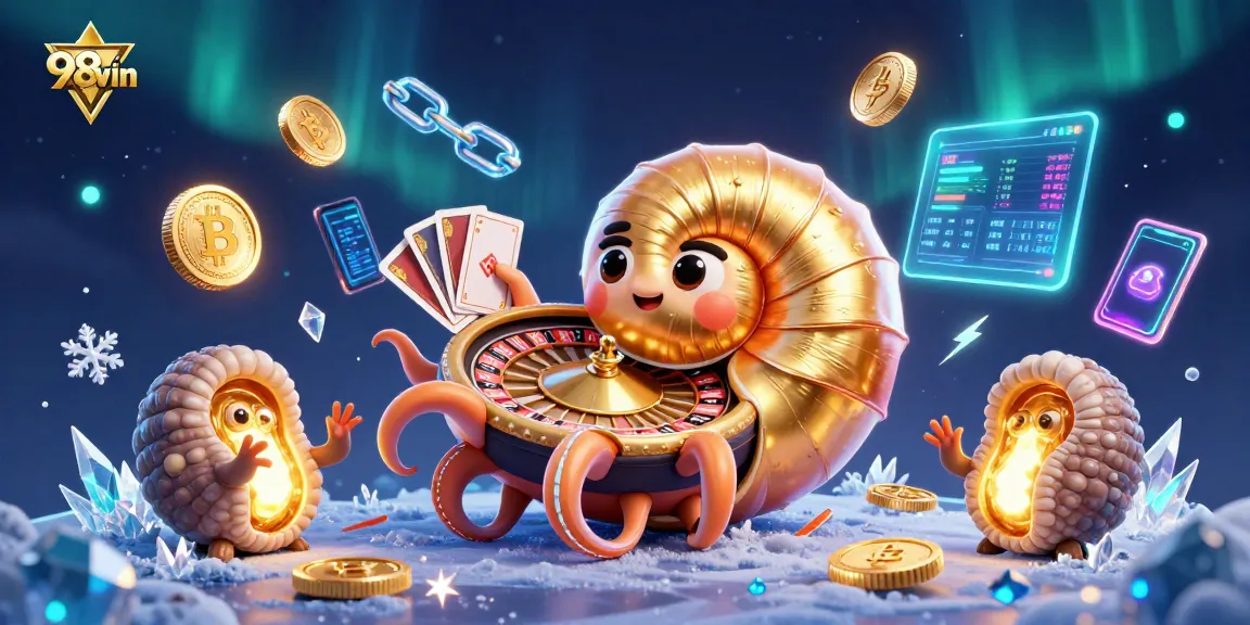 Experience 98win's thrilling casino games with an artistic 3D illustration showcasing vibrant betting elements.