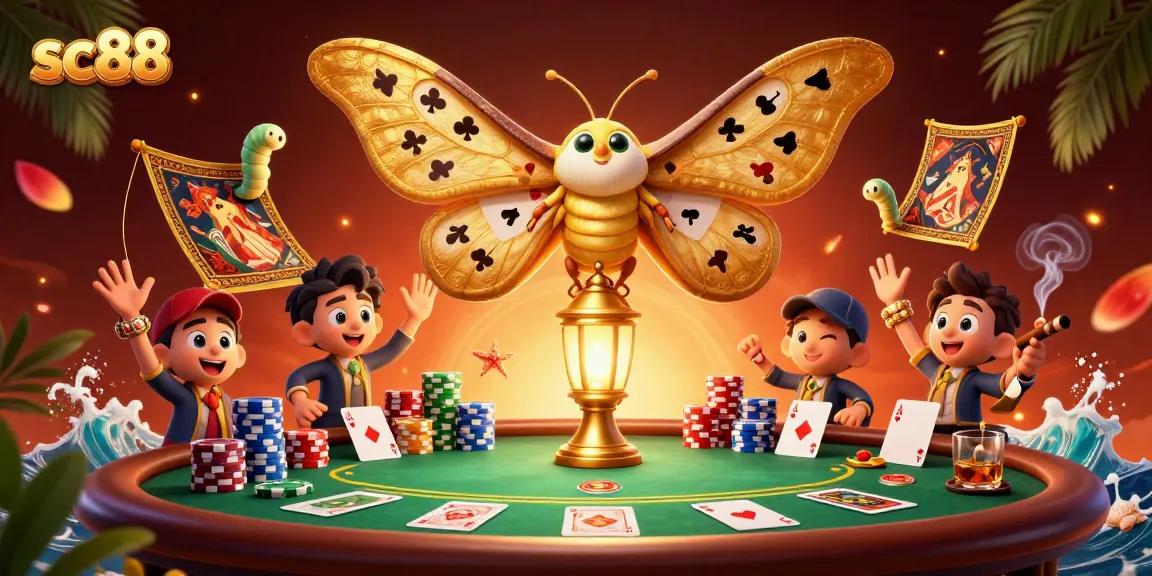 Experience winning thrills at SC88 with vibrant casino elements, golden moths, and rich gaming scenes.