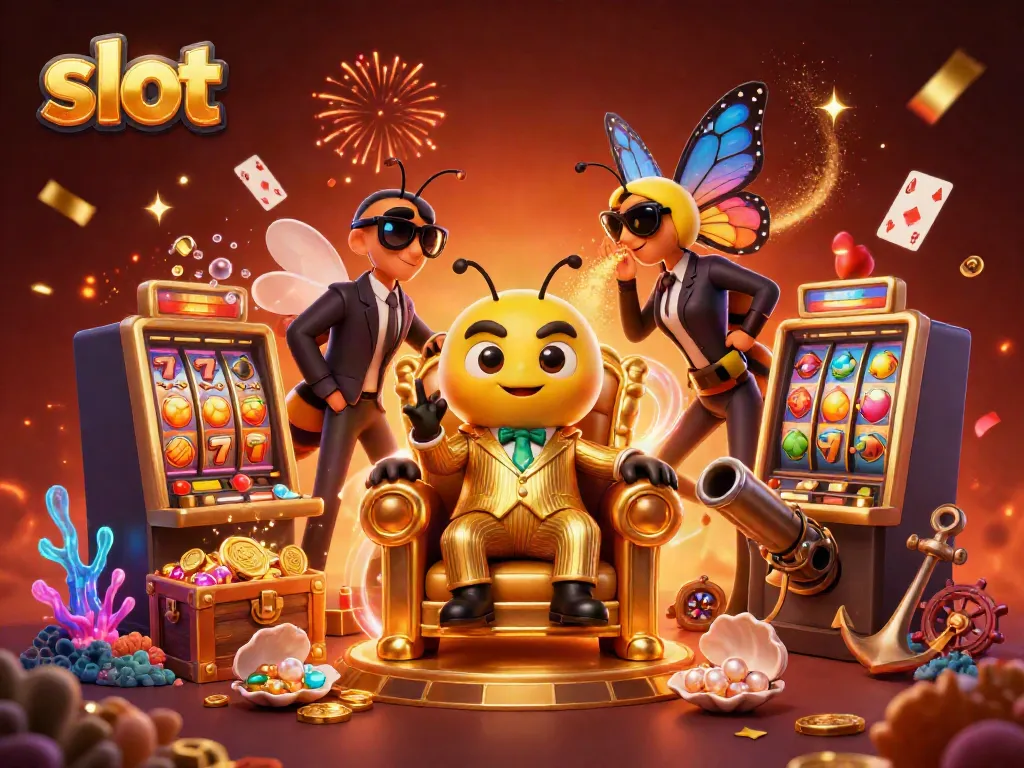 Experience the thrill of slot machines in a vibrant 3D illustration with a bumblebee mob boss and colorful treasures.