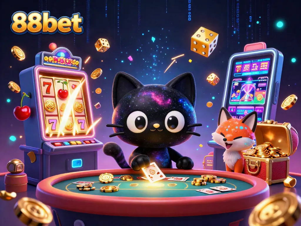 Experience the excitement of 88bet with a cosmic casino scene filled with thrilling games and vibrant colors.