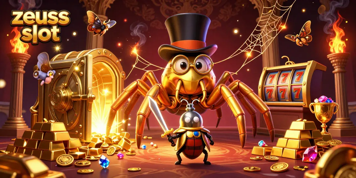 Engage with zeus slot as the giant tarantula crafts golden webs amidst casino elements.